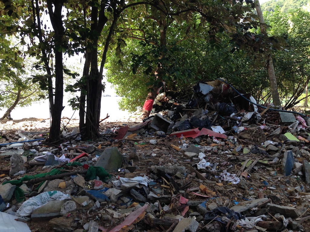 Masser af affald i skovven på stranden